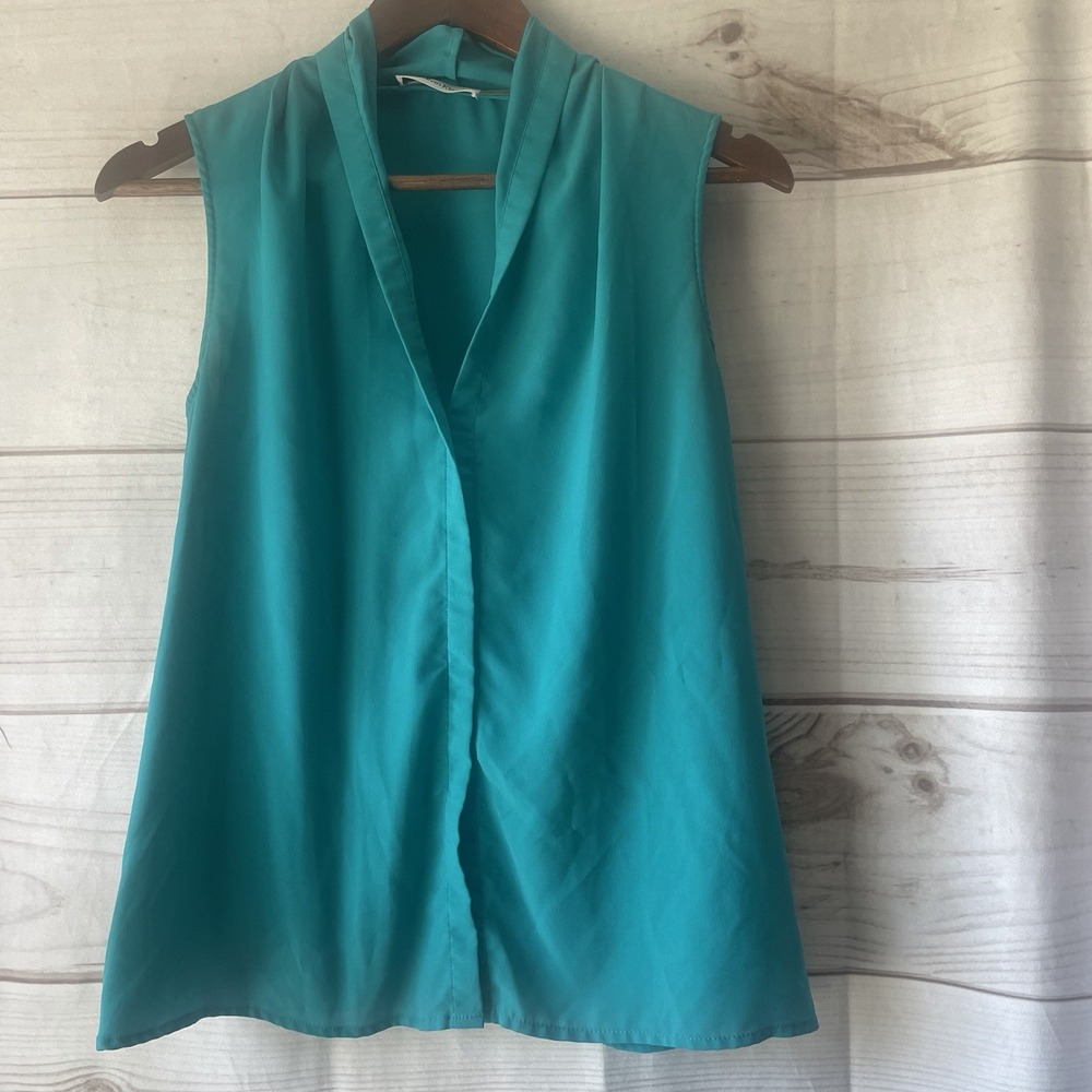Calvin Klein Blouse Women Small Teal Blue Polyester Sleeveless V-Neck